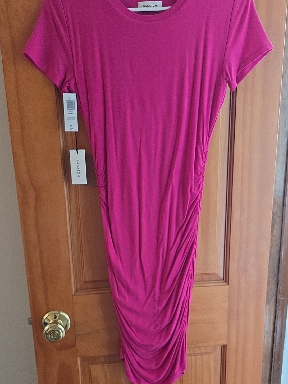 Babaton Fuchsia Short-Sleeve Ruched Midi Dress